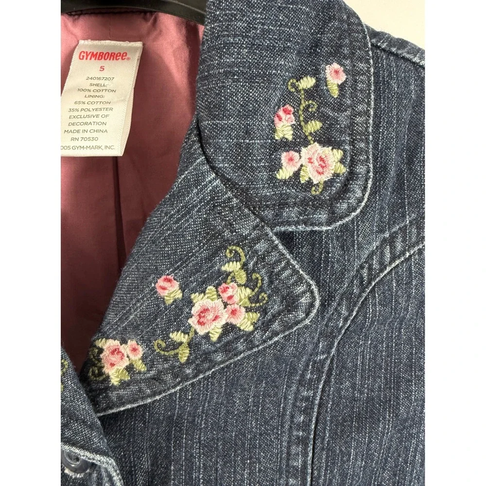 Vintage Gymboree Girls Dark Wash Denim Floral Embroidered Ruffle Jacket